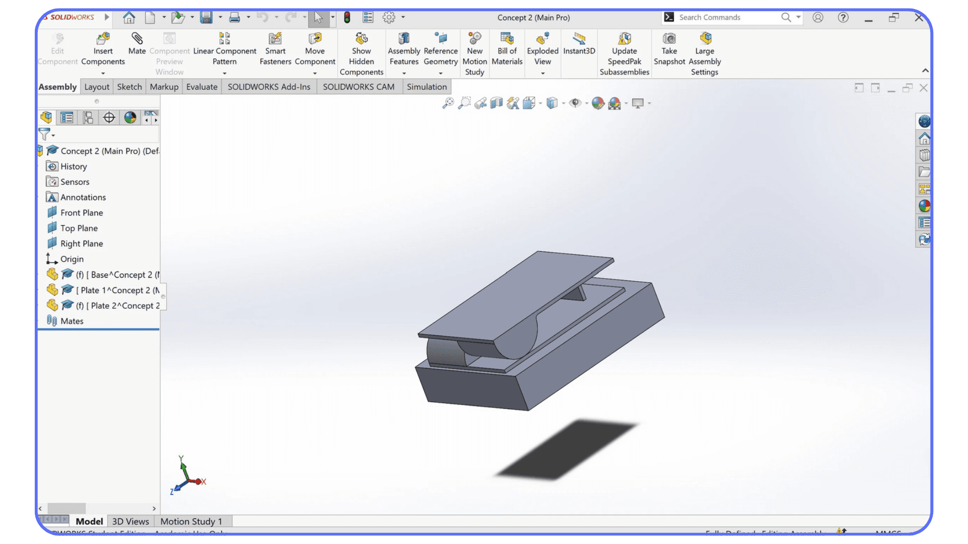 SolidWorks assembly workspace showing an exploded conceptual mechanical component