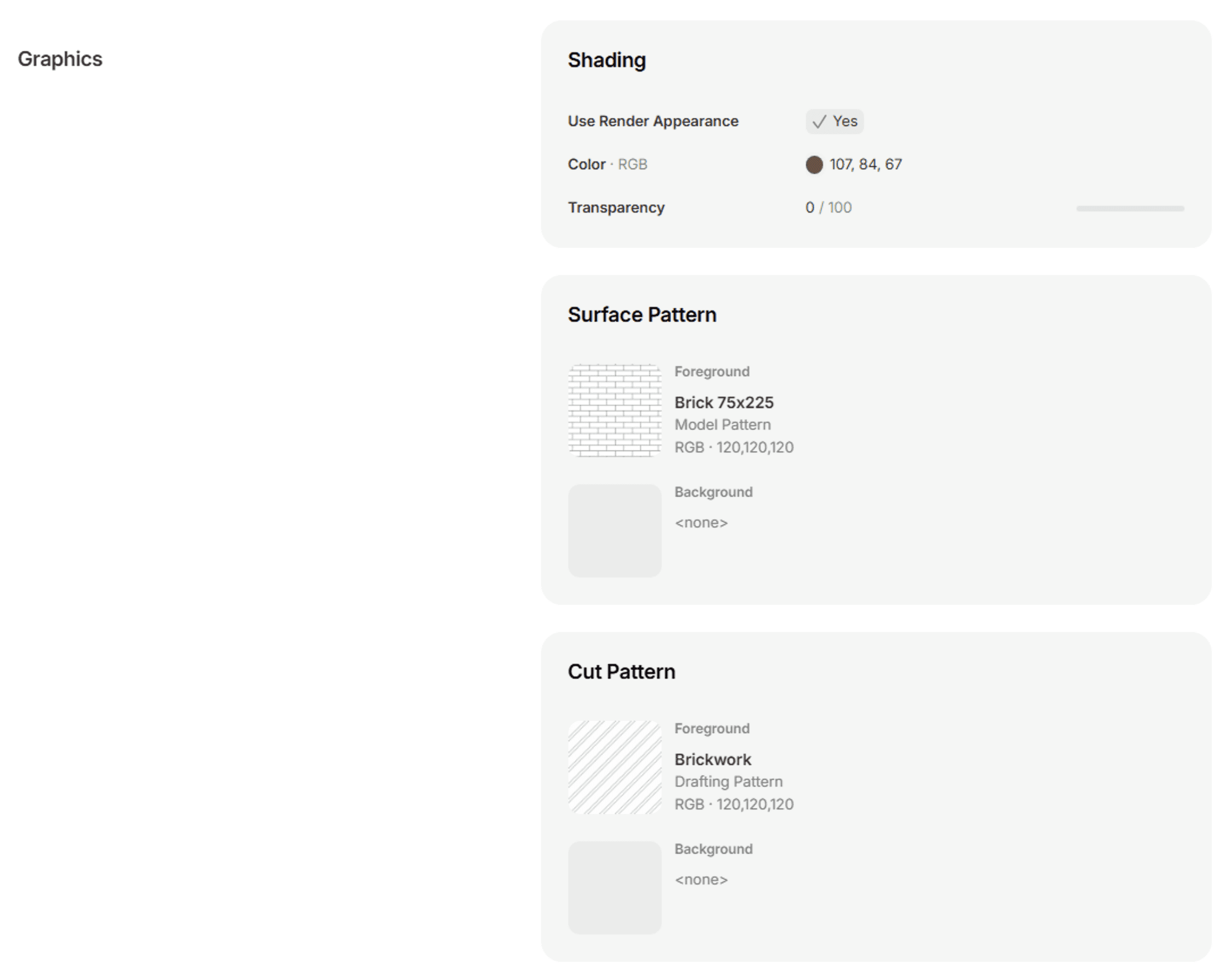 Color and fill pattern settings controlling how the material appears in the hidden line, consistent colors and shaded visual styles.