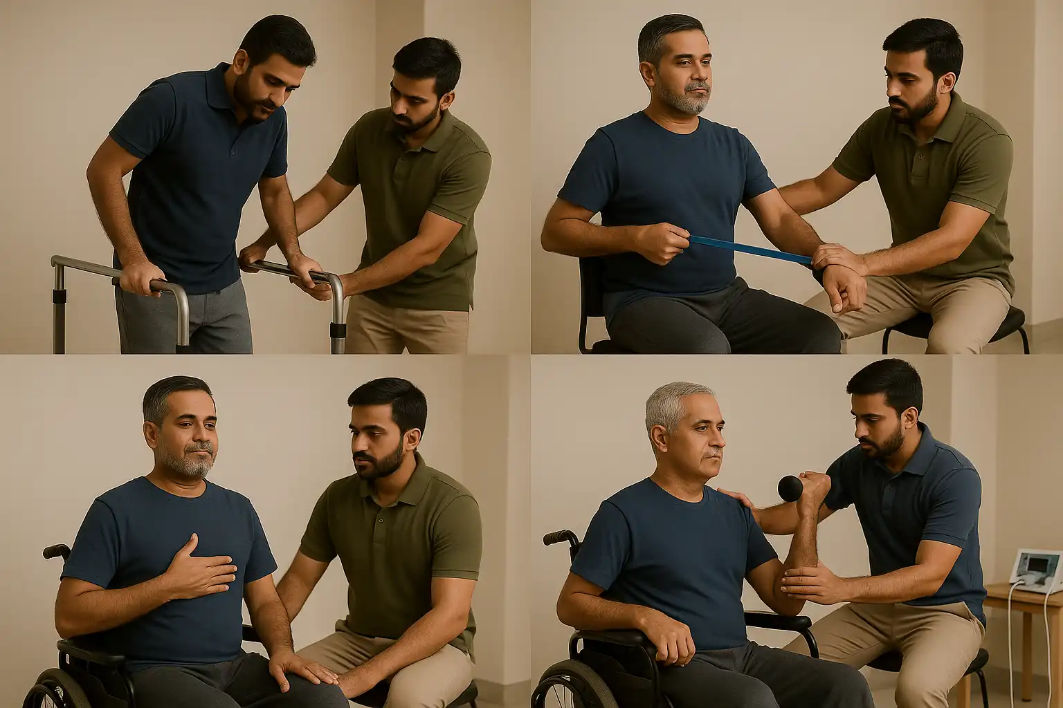 A physiotherapist assisting a patient with various rehabilitation exercises after a spinal cord injury, including gait training, resistance band work, breathing exercises, and shoulder strengthening.