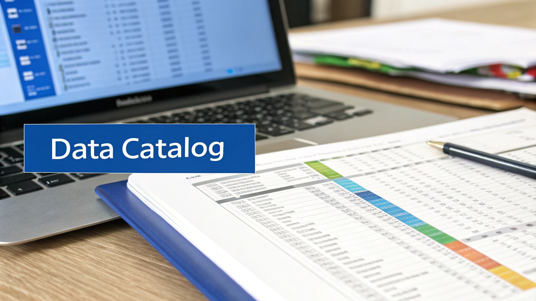 A close-up of a laptop screen showing a data catalog, alongside spreadsheets and a pen on a desk.