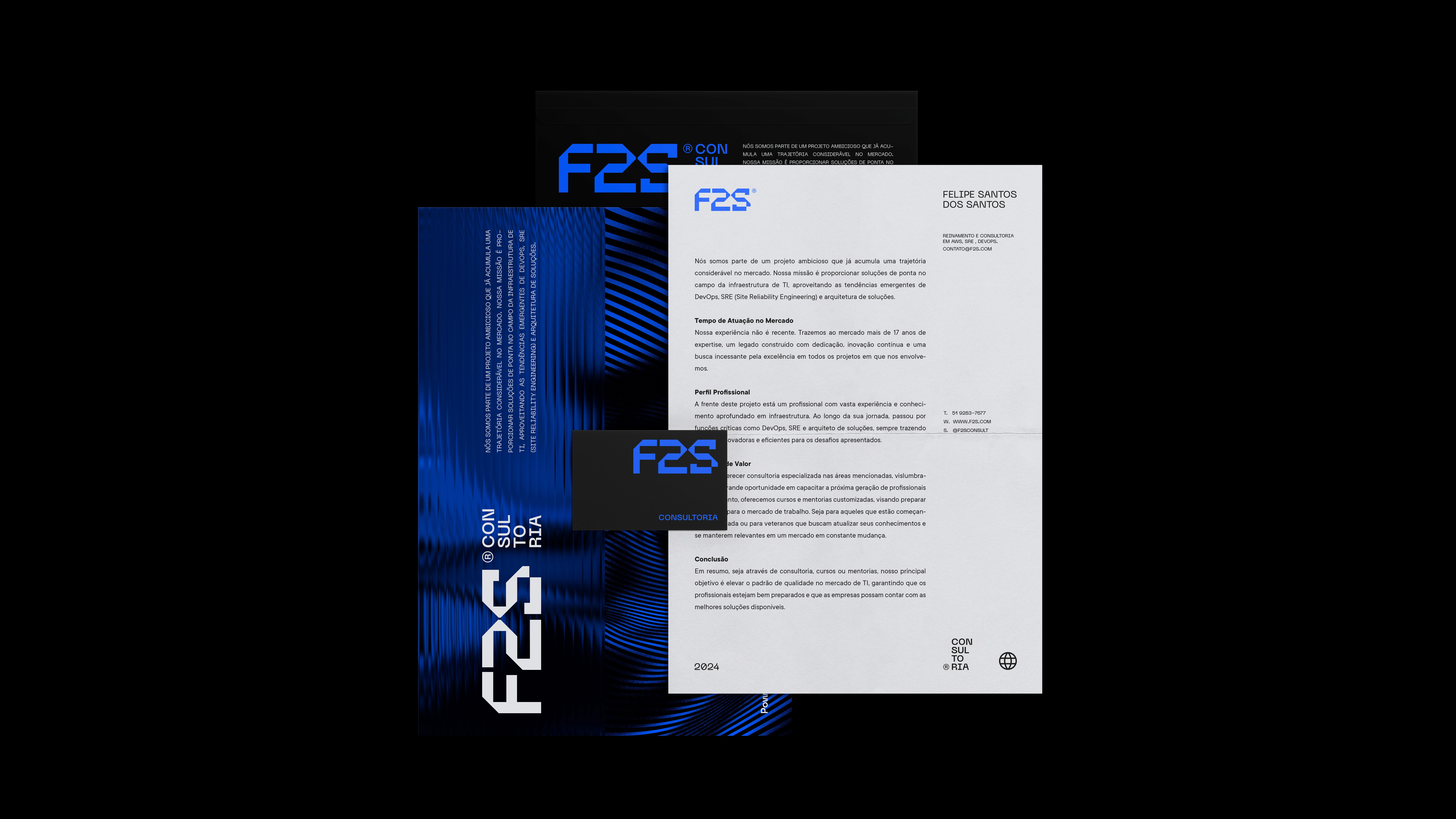 Os materiais institucionais da F2S refletem uma organização visual rigorosa. A coerência entre layout, proporções e tipografia cria uma identidade sólida e duradoura — um reflexo do compromisso da marca com excelência técnica e consistência estética.