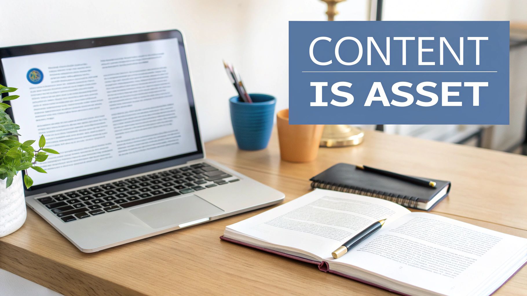 A lawyer reviewing documents at a modern desk, symbolizing strategic content creation.