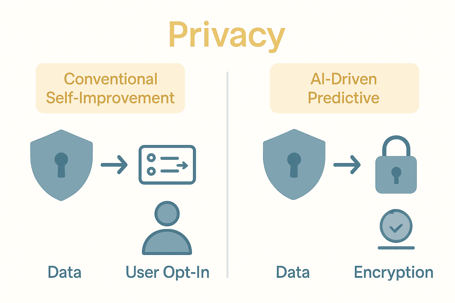 Infographic comparing privacy features of conventional and AI-powered personal growth tools
