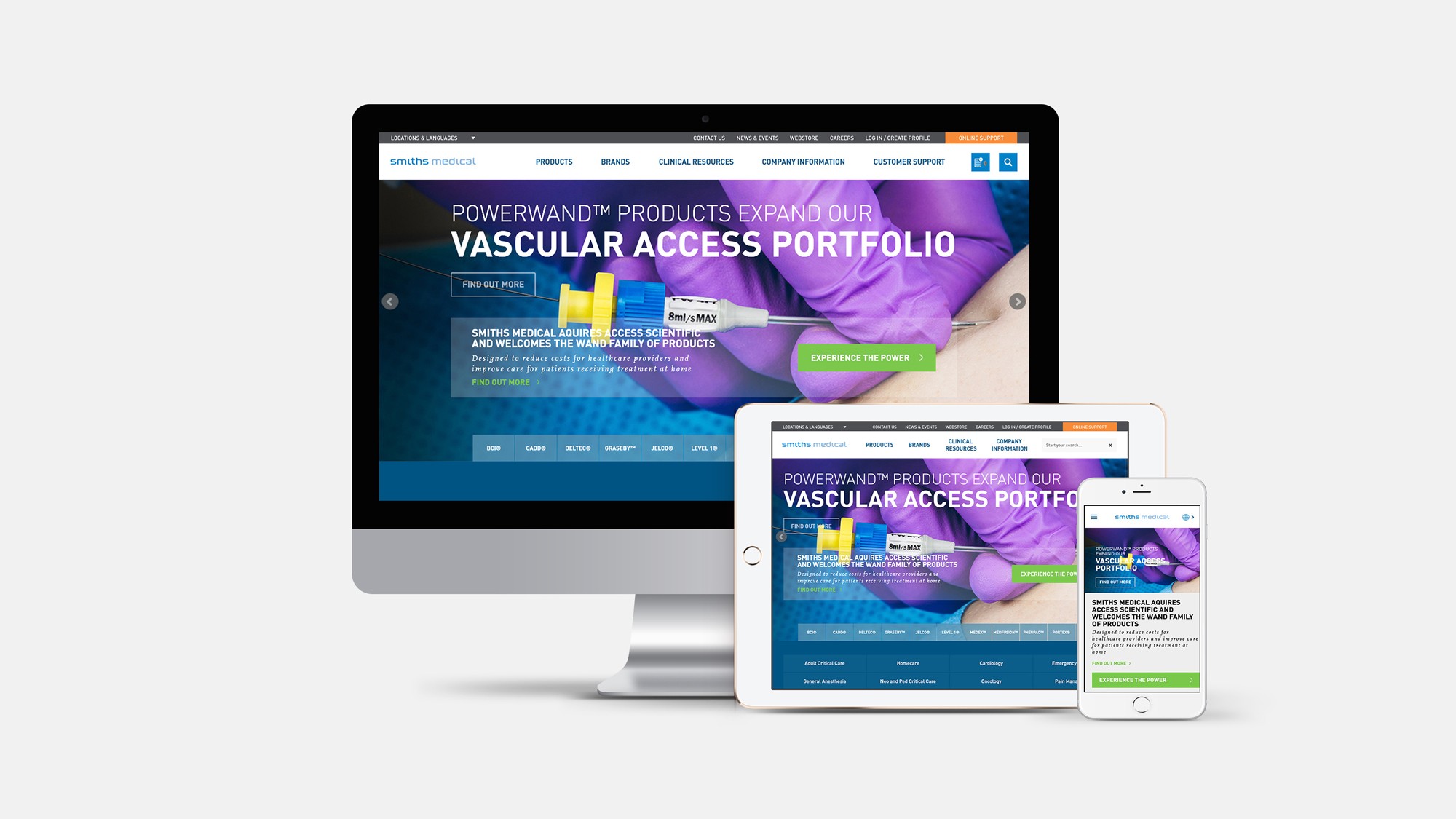 Desktop, tablet and mobile devices displaying the home page of a medical device website.