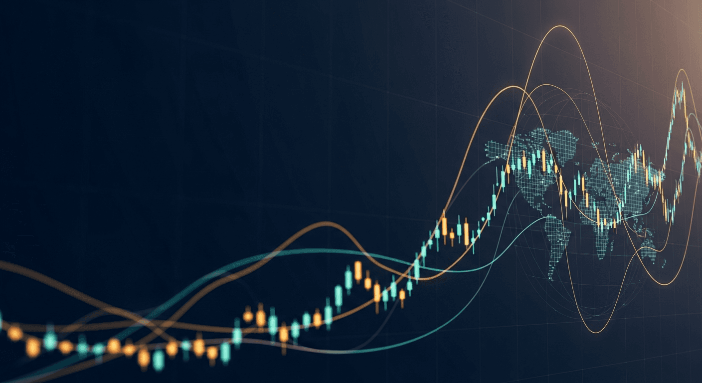 Abstract illustration of cryptocurrency market data streams, price charts, and global financial networks in deep teal and gold tones