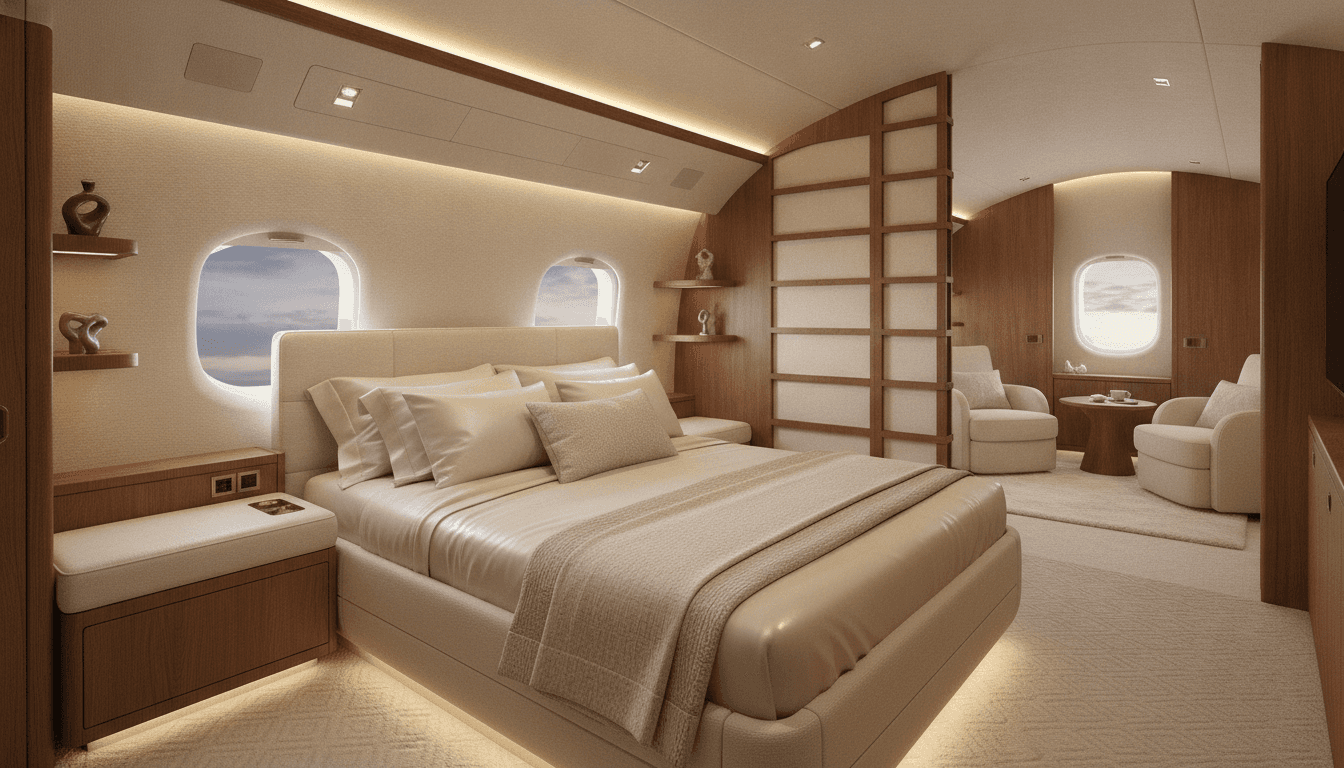 Private jet bedroom and lounge interior - a private space in the sky