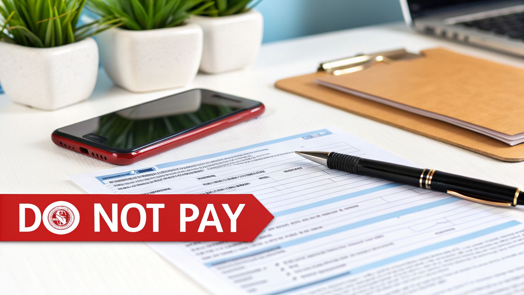 A desk with a form, pen, smartphone, potted plants, and a laptop, with a 'DO NOT PAY' banner.