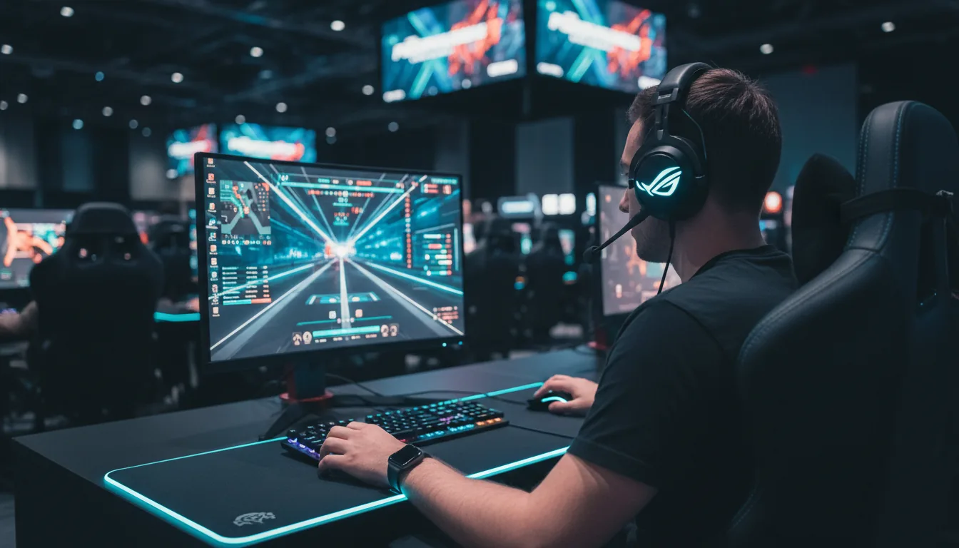 DSLR photograph, over-the-shoulder view of a male gamer competing at an esports tournament, wearing black Asus ROG headphones with glowing cyan logos, seated in a black leather gaming chair. The scene is lit with cinematic contrast, illuminated primarily by the glow from the PC monitor and RGB peripherals. His hand is on a gaming mouse on a large, glowing mousepad. The monitor displays a complex first-person shooter UI. The setting is a dark convention hall, with large, hanging video game screens in the background, all rendered in a soft bokeh with a shallow depth of field. Muted, cool color grading.