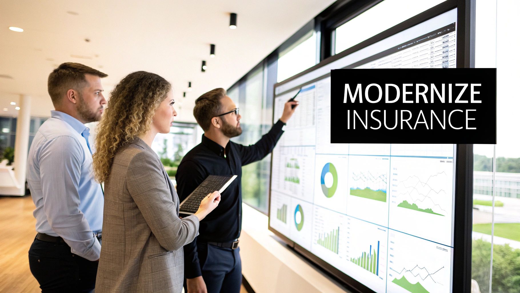 Three professionals analyze data on a large digital screen with 'MODERNIZE INSURANCE' overlay.