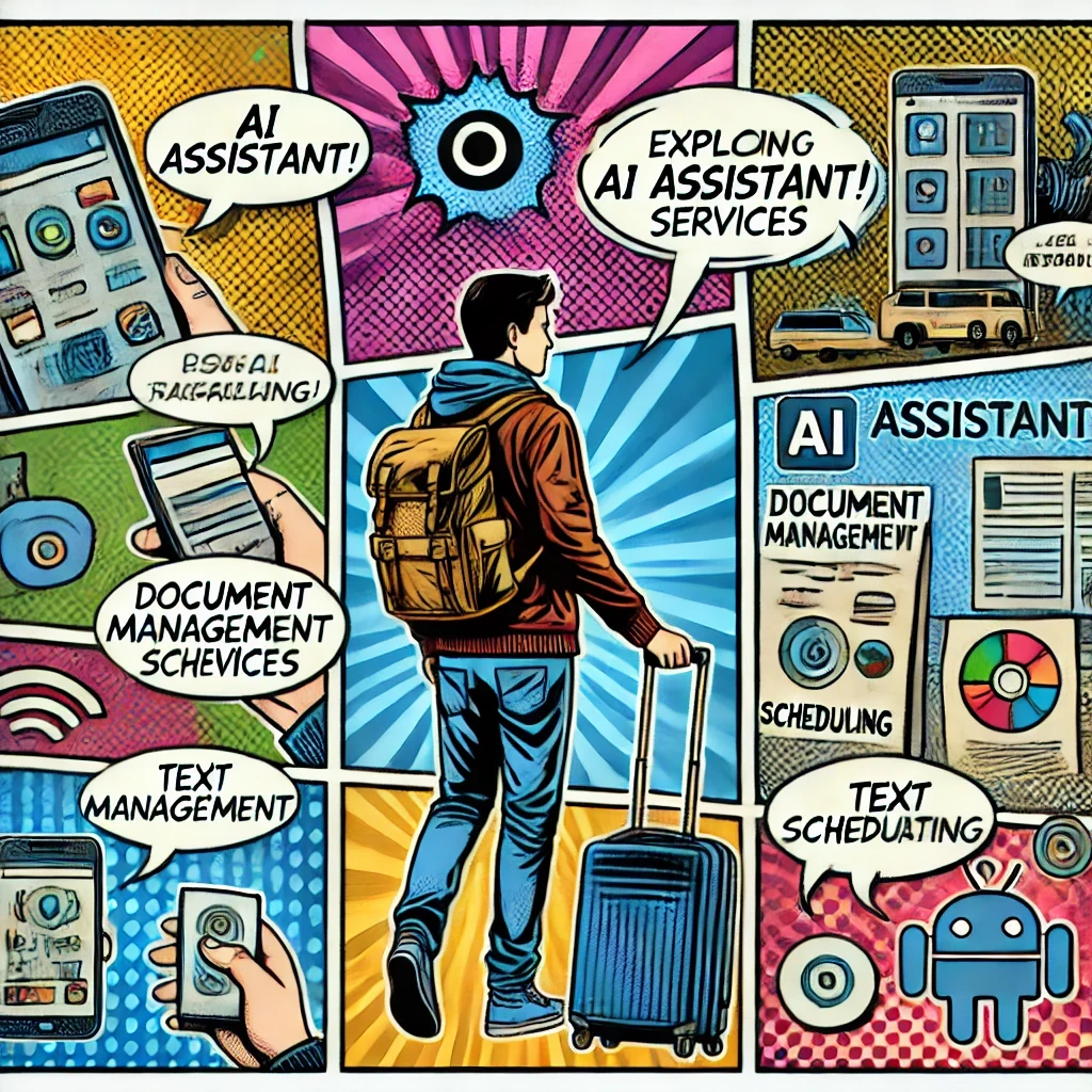 Comic-style cover image of a traveler navigating through various AI assistant services. The vibrant pop-art design features digital icons representing tasks like document management, scheduling, and text generation, highlighting AI tools such as AI Assistant, Otter.ai, and Jasper AI. The image captures the journey of exploring top AI personal assistants and text response generators, emphasizing the versatility and usability of these AI-powered platforms.