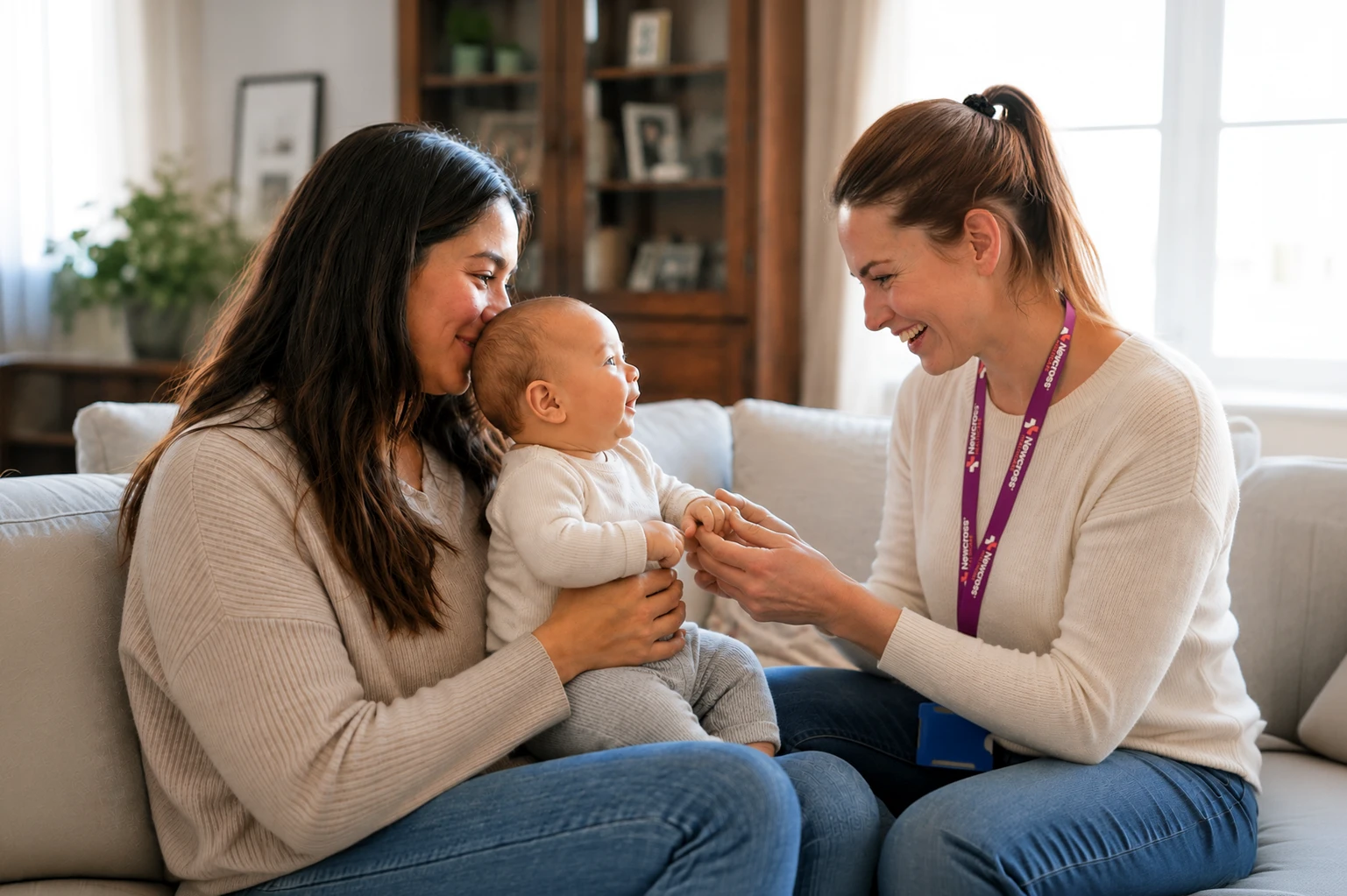 Private home healthcare nurse providing compassionate support to a mother and baby during a home visit