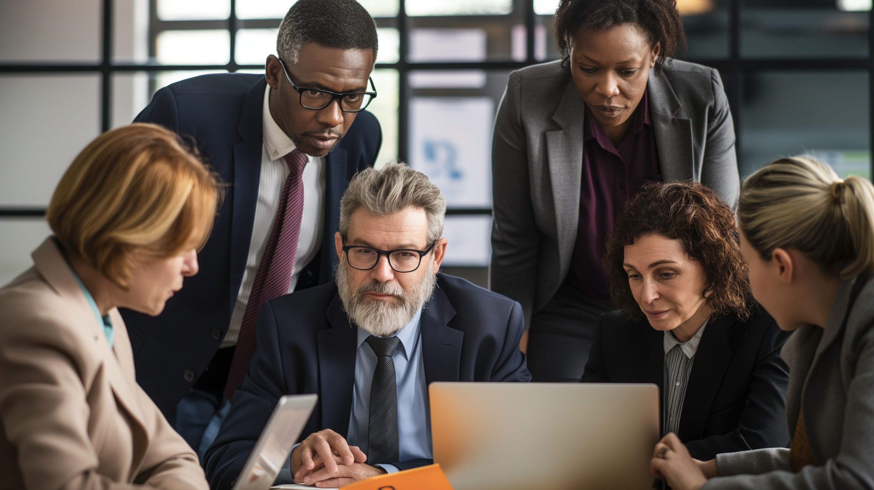 A diverse team of executives in a serious discussion around a laptop in a boardroom.