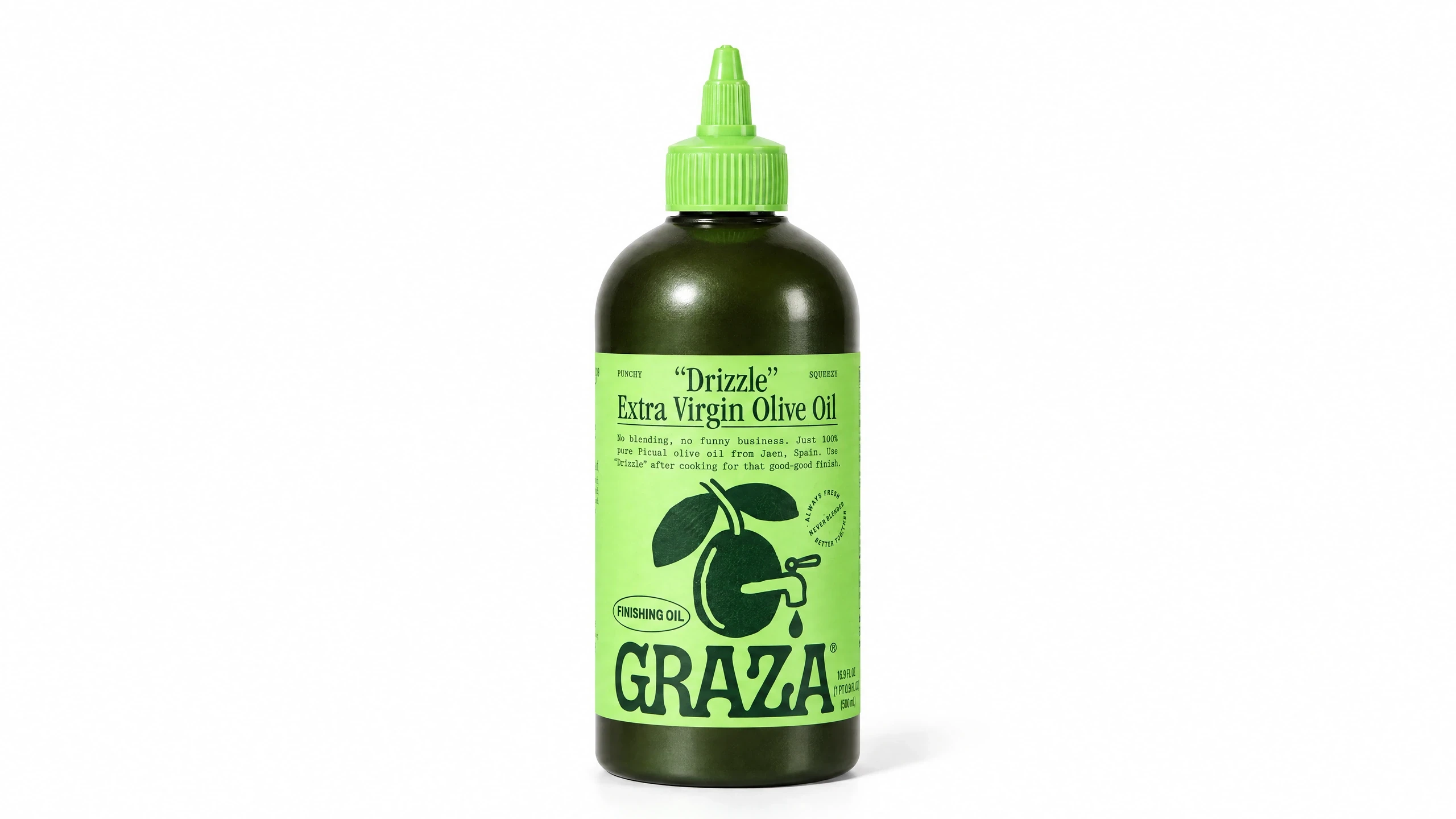 Graza Drizzle olive oil bottle on a clean white background