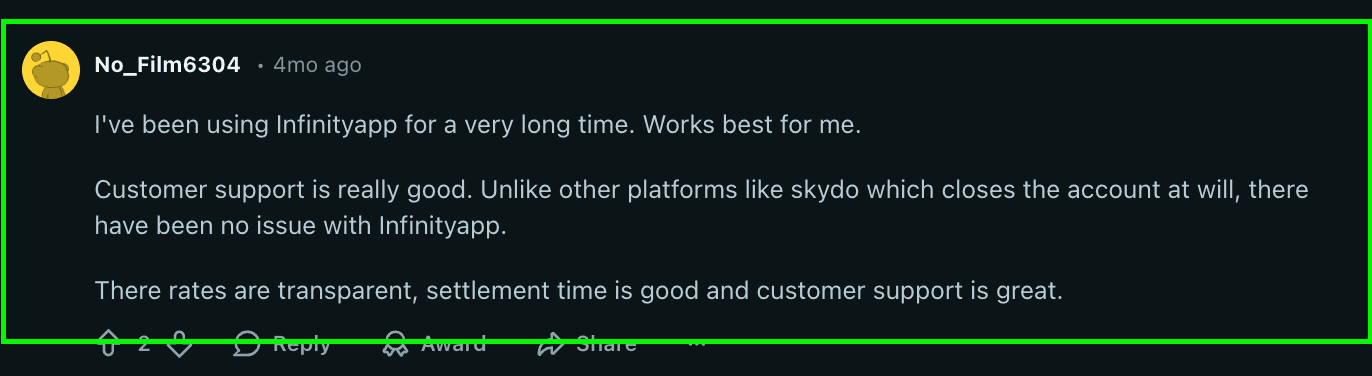 A user comparing InfinityApp with Skydo on Reddit