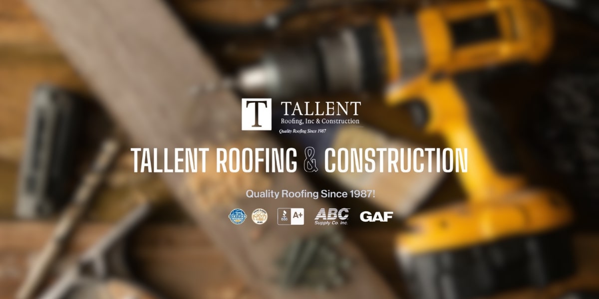 Logo of Tallent Roofing Inc. & Construction, featuring a drill, with a focus on quality roofing since 1987.