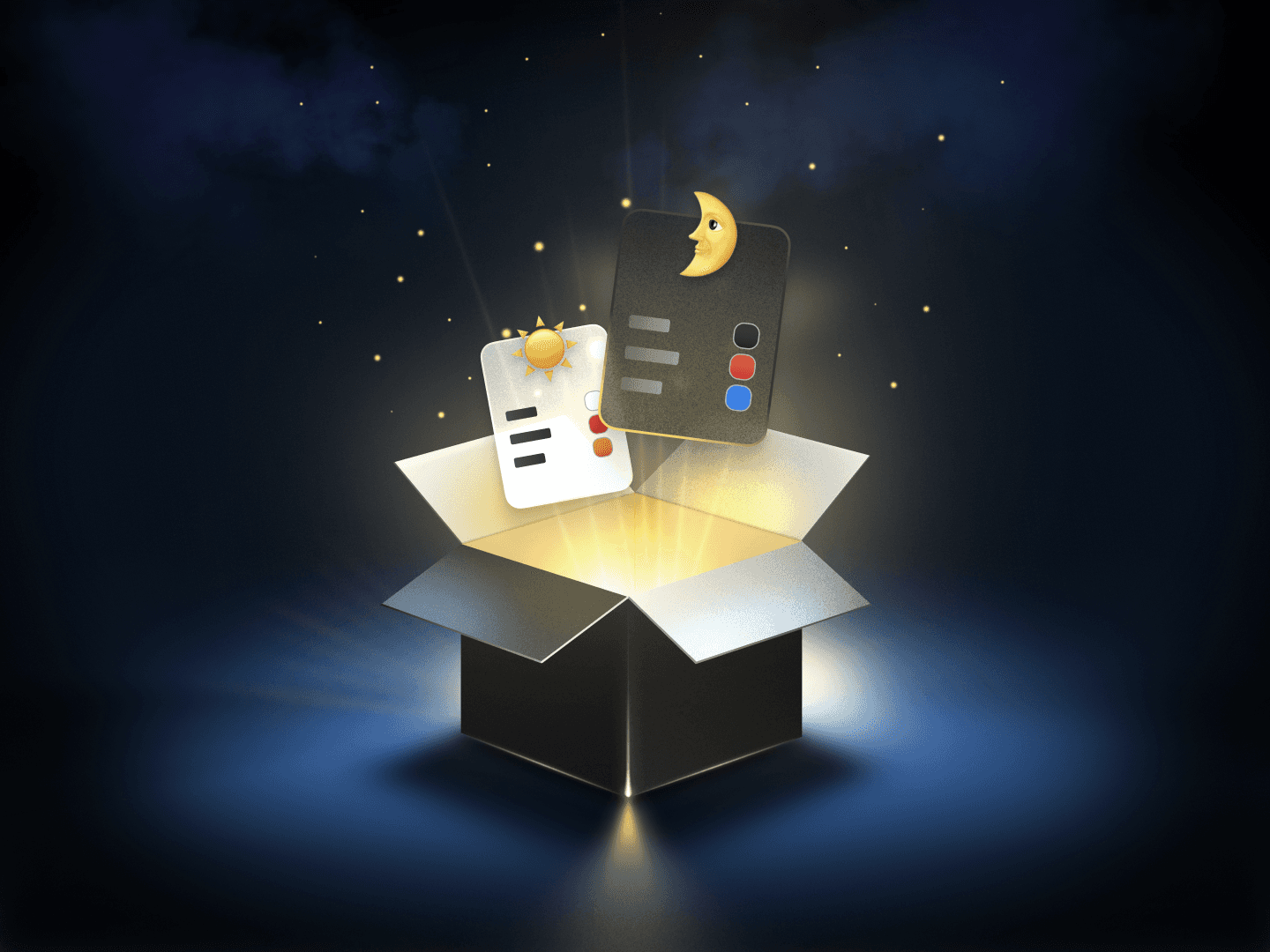 Glowing open box with floating UI elements, representing magical discovery and creativity against a dark, mystical background.