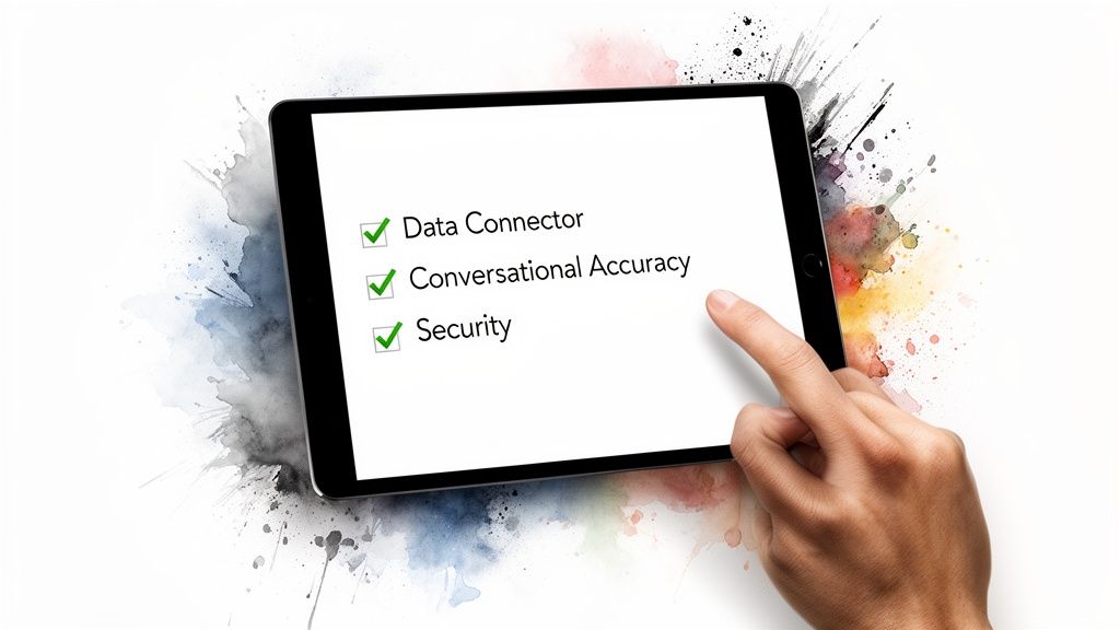 A hand interacts with a tablet showing a checklist of AI features: Data Connector, Conversational Accuracy, and Security.