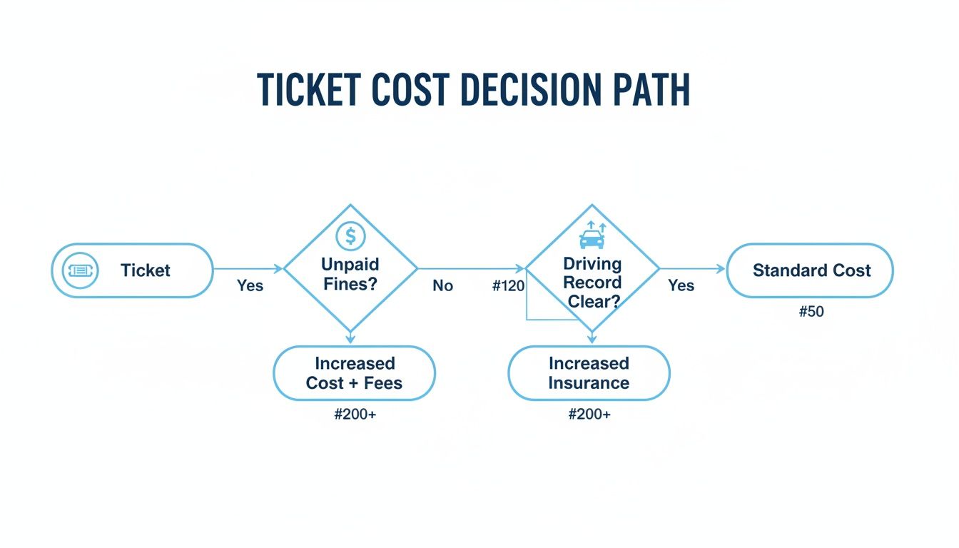 Flowchart illustrating the decision path for ticket costs based on unpaid fines and driving record.
