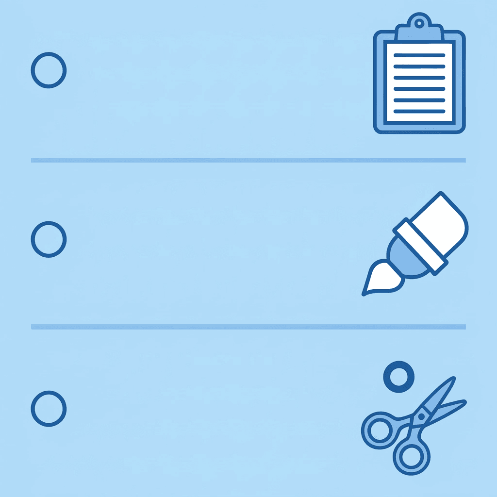 Checklist of age-appropriate craft materials, including washable markers, safety scissors, and large paper