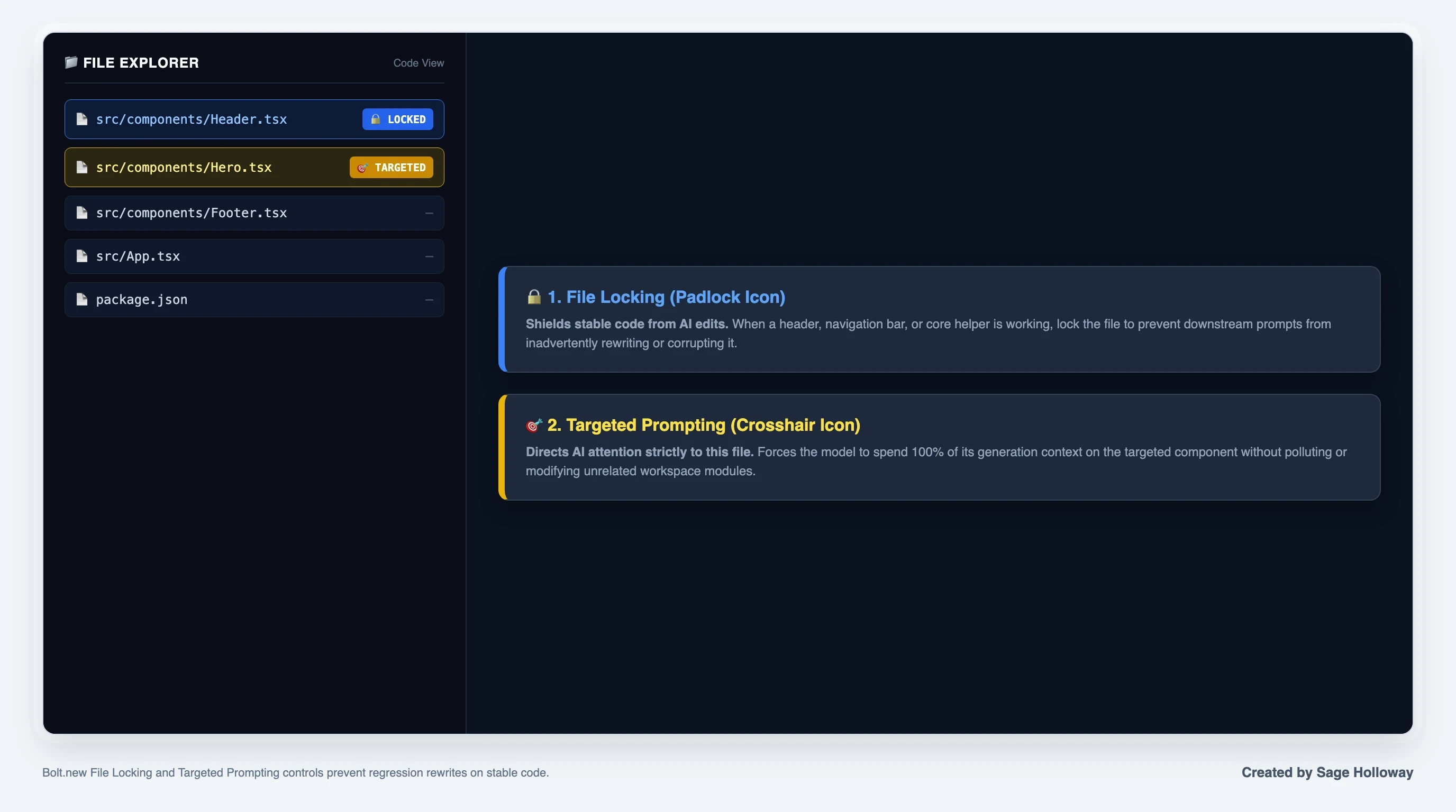Teaching reconstruction of Bolt.new sidebar showing File Locking padlock icon and Targeted Prompting crosshair controls