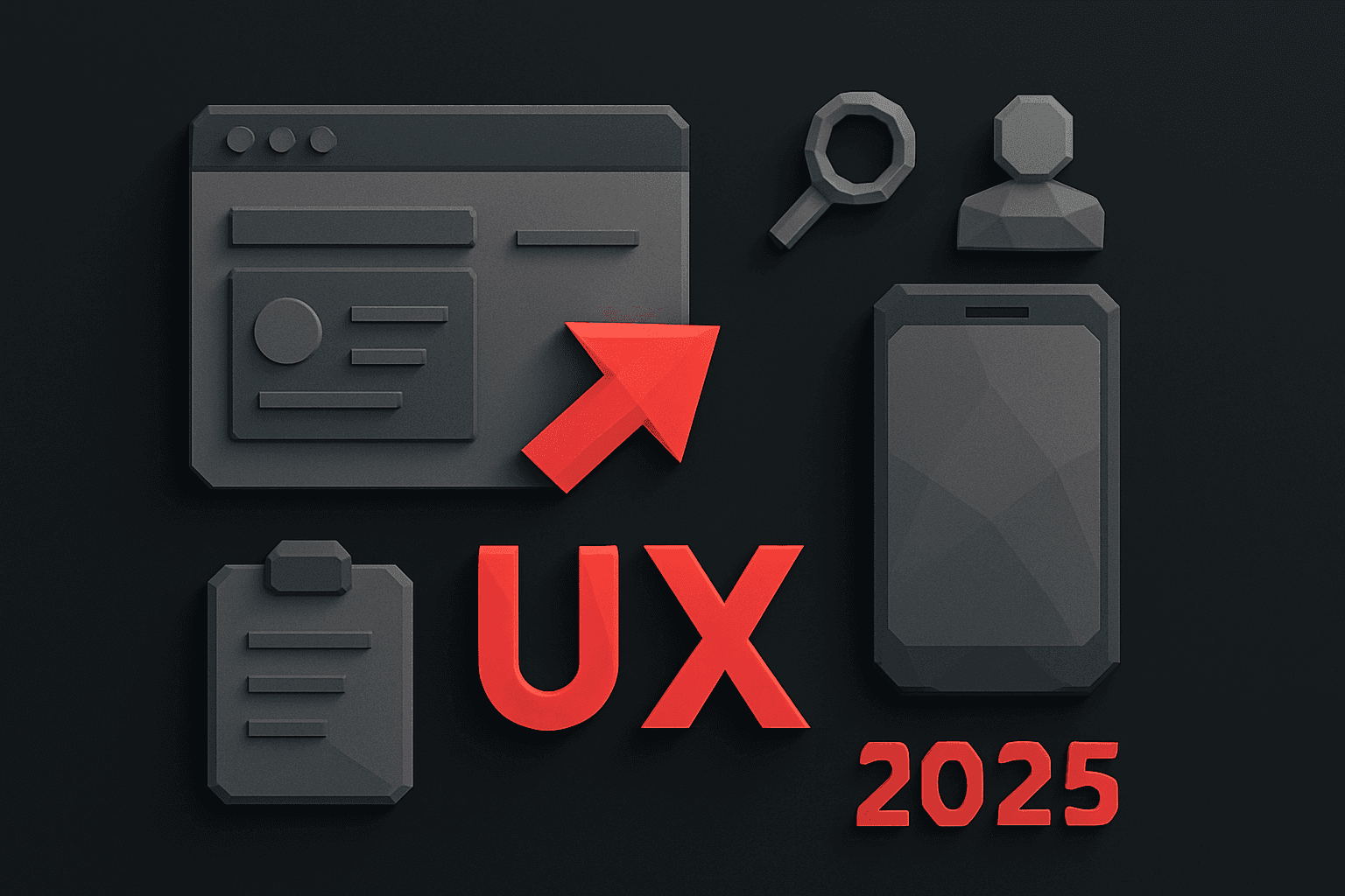3D illustration of UX design elements including a browser window, smartphone, and magnifying glass, labeled “UX 2025” with a red upward arrow