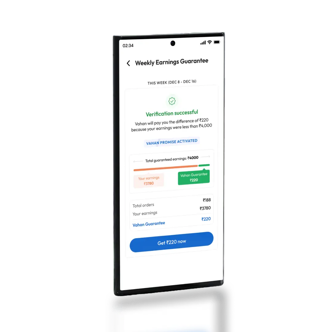 Mobile screen displaying the ‘Weekly Earnings Guarantee’ verification success, highlighting earnings breakdown, total orders, and Vahan’s promise to cover shortfalls