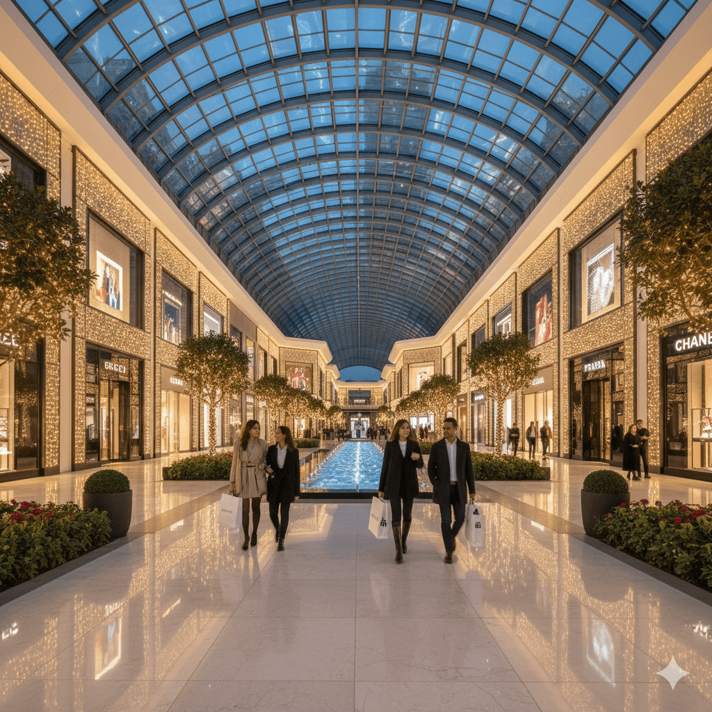 Luxury high-street retail mall interior with glass atrium in Sector 9