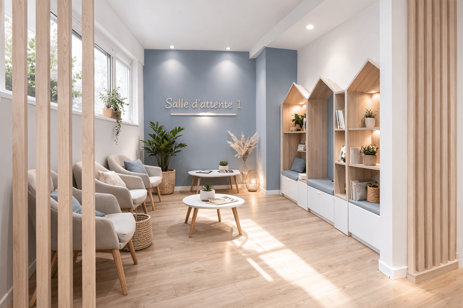 Salle d'attente aménagée d'un cabinet médical en Gironde – claustra bois, mur bleu grisé, fauteuils cosy, rangements sur mesure, conformité ERP par Eva Hostein