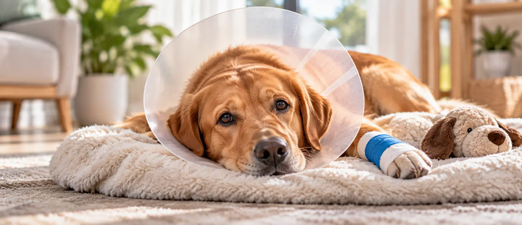 Dog wearing a protective cone with a bandaged front leg resting on a cushioned bed.