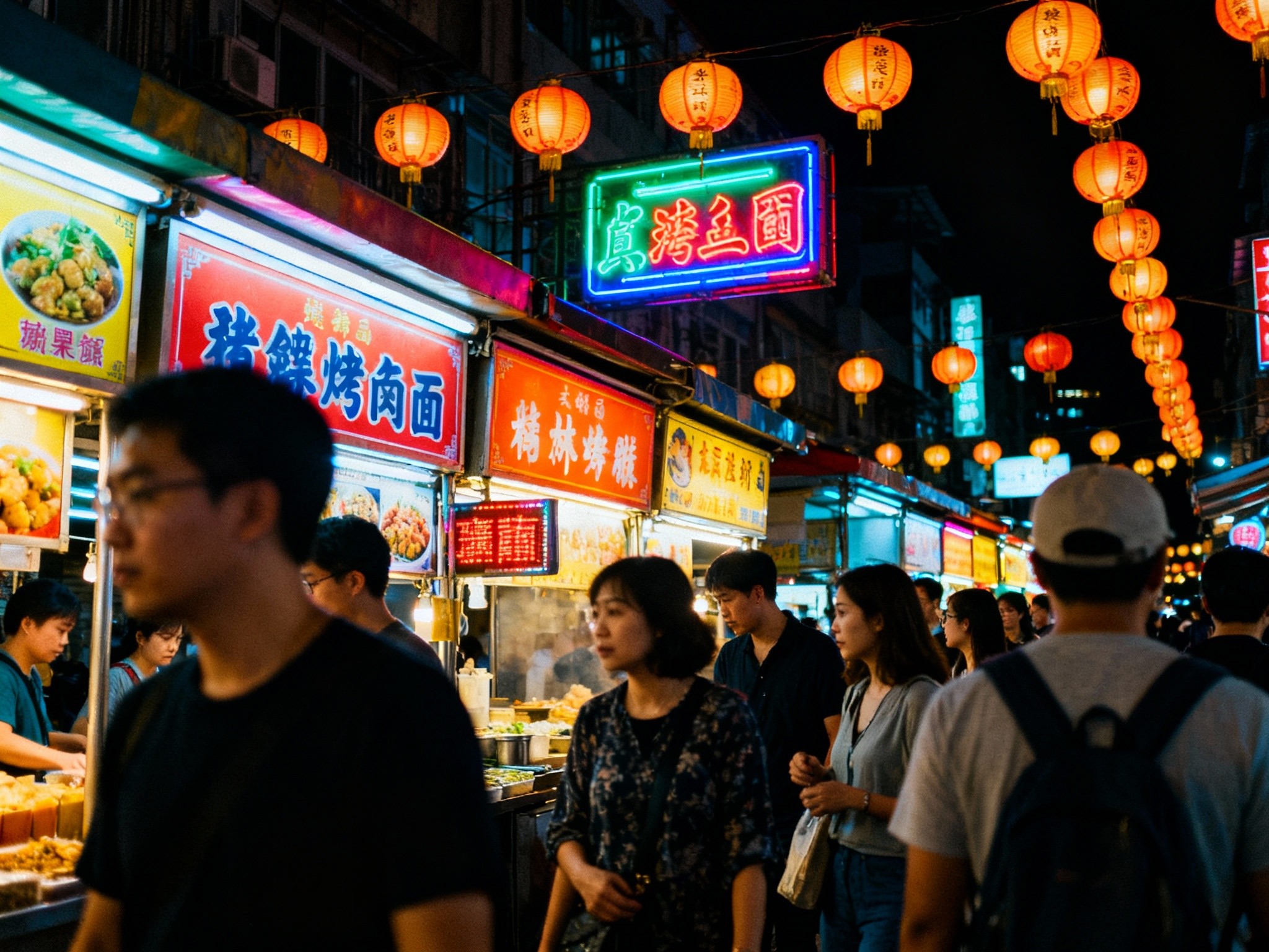 A vibrant 35mm film composition portraying a bustling night market scene from a low angle