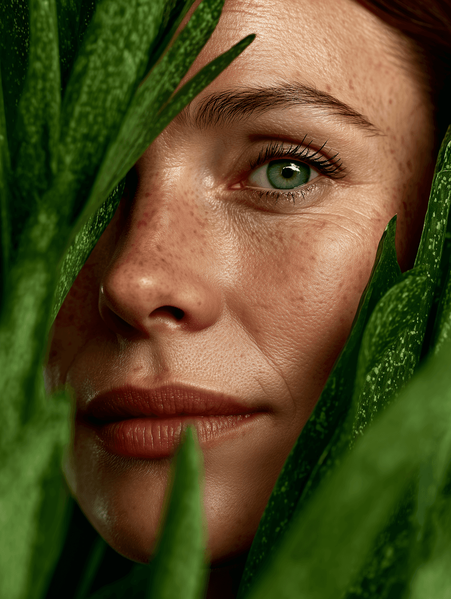 A close-up of a woman's face partly obscured by green leaves, showing soft features and a serene expression.