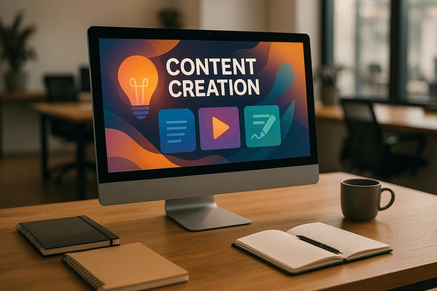 Monitor displays content creation graphics - AI Product Content Creation for Ecommerce