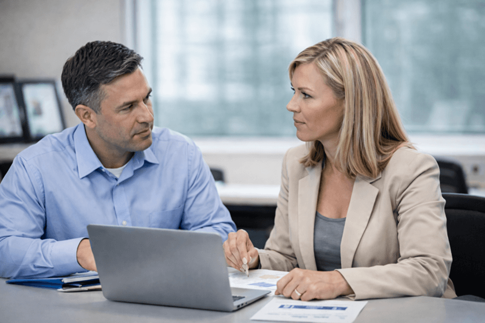 man and woman sat at desk