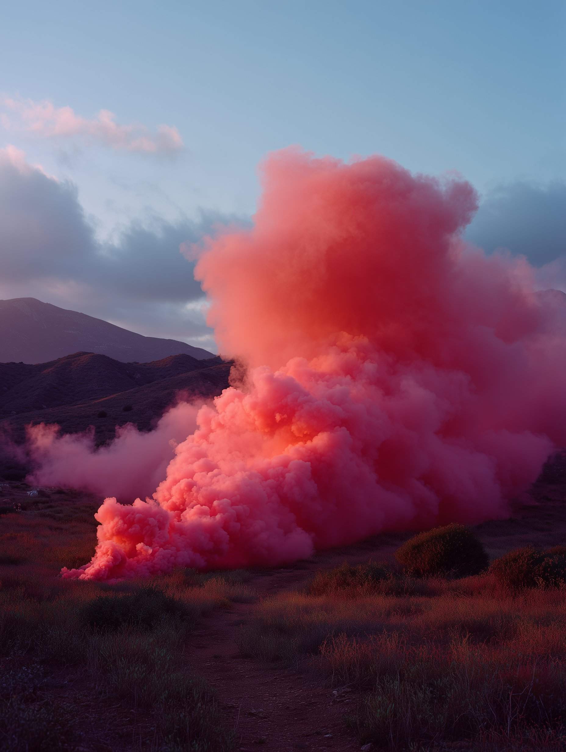 Bright pink smoke plume against blue mountainous sky