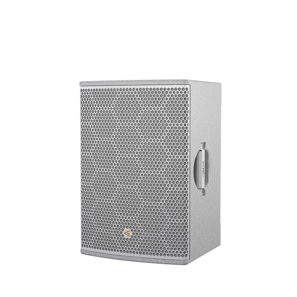 Silver speaker with hexagonal grille and handle.