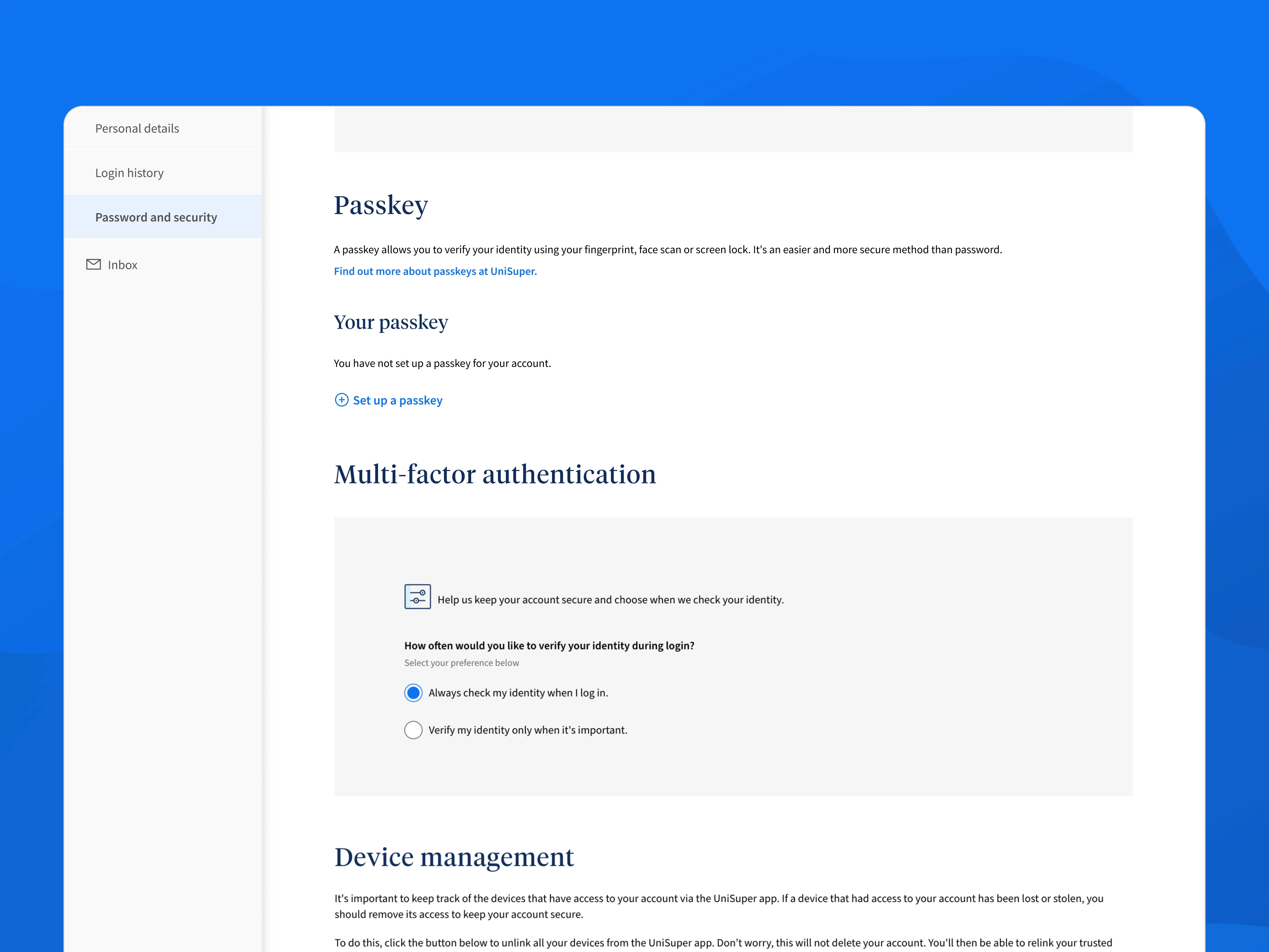 Passkey section within member online