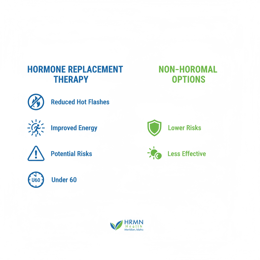 Infographic comparing hormone replacement therapy and non-hormonal options for menopause symptoms, featuring benefits, risks, and icons.