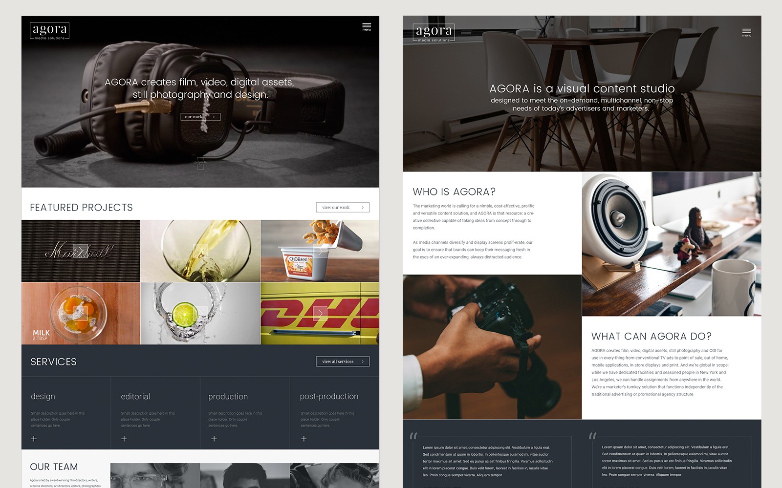 AGORA Media Solutions website design showing clean modern layout with featured projects, photography, and video production services.