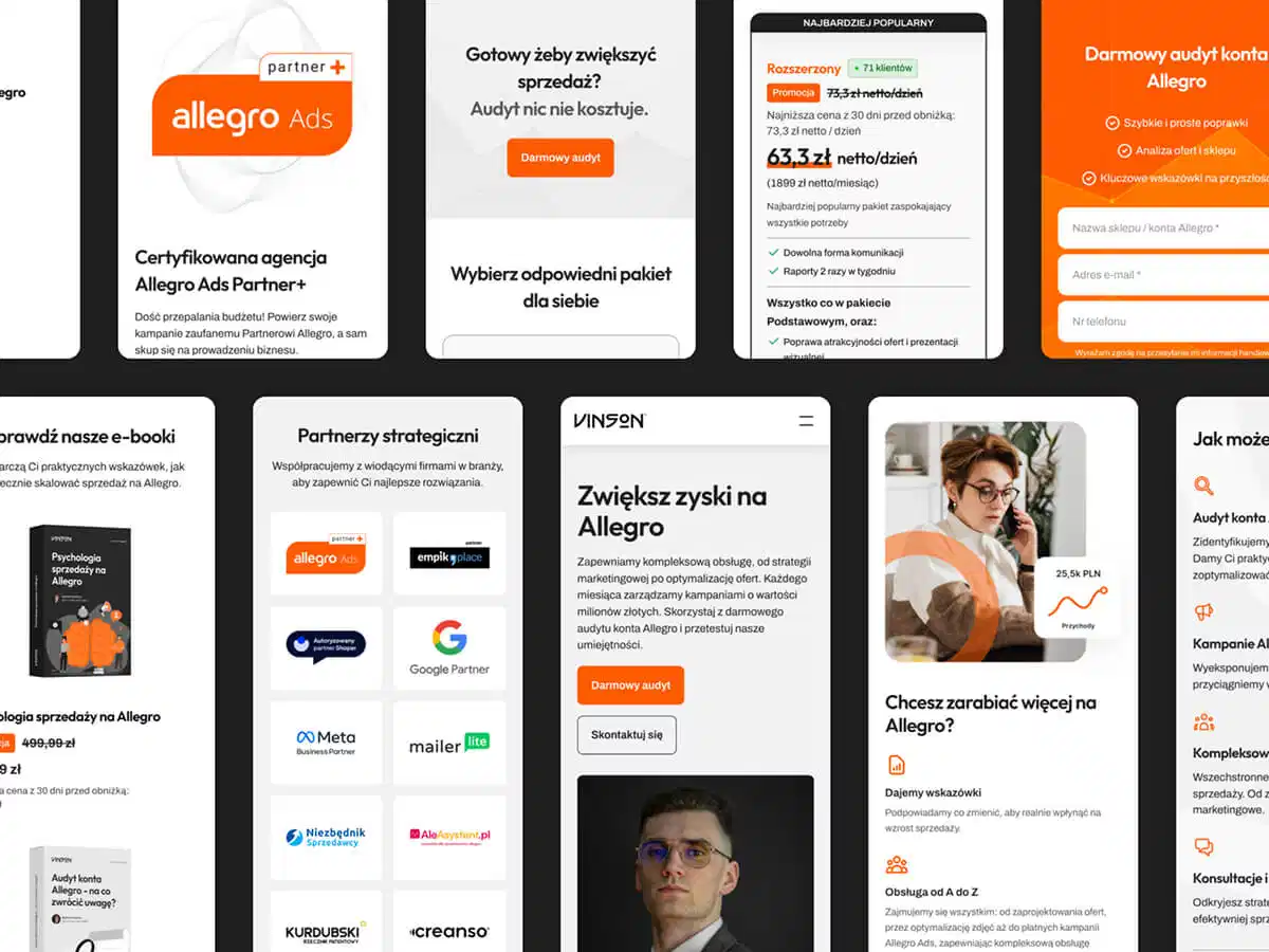 A collage of web and mobile screens for Vinson, showing a Framer-built digital infrastructure including sales funnels, landing pages, and lead-generation assets.