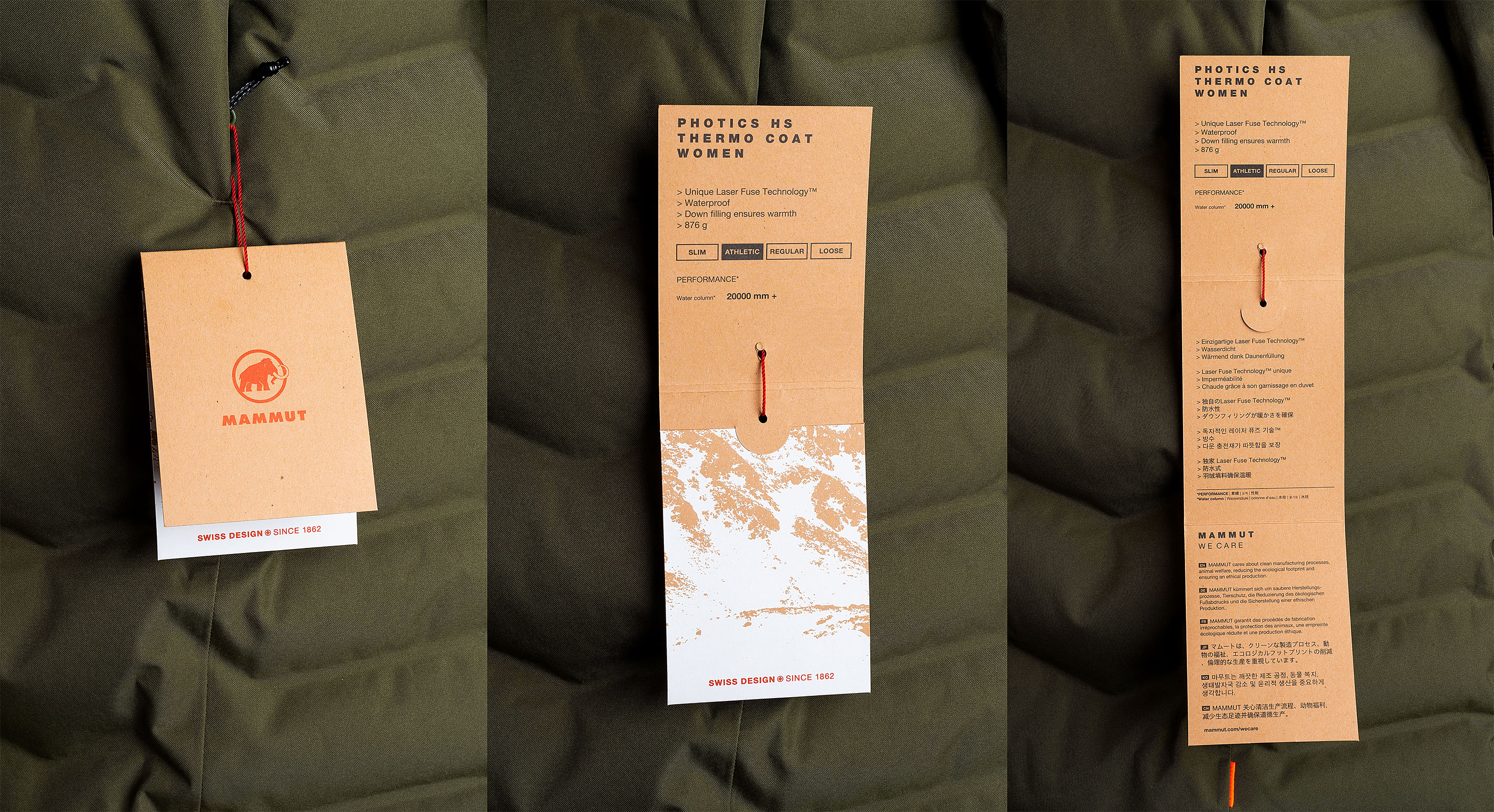 Ein Hangtag ist an einer Jacke befestigt und wird nach und nach aufgeklappt.