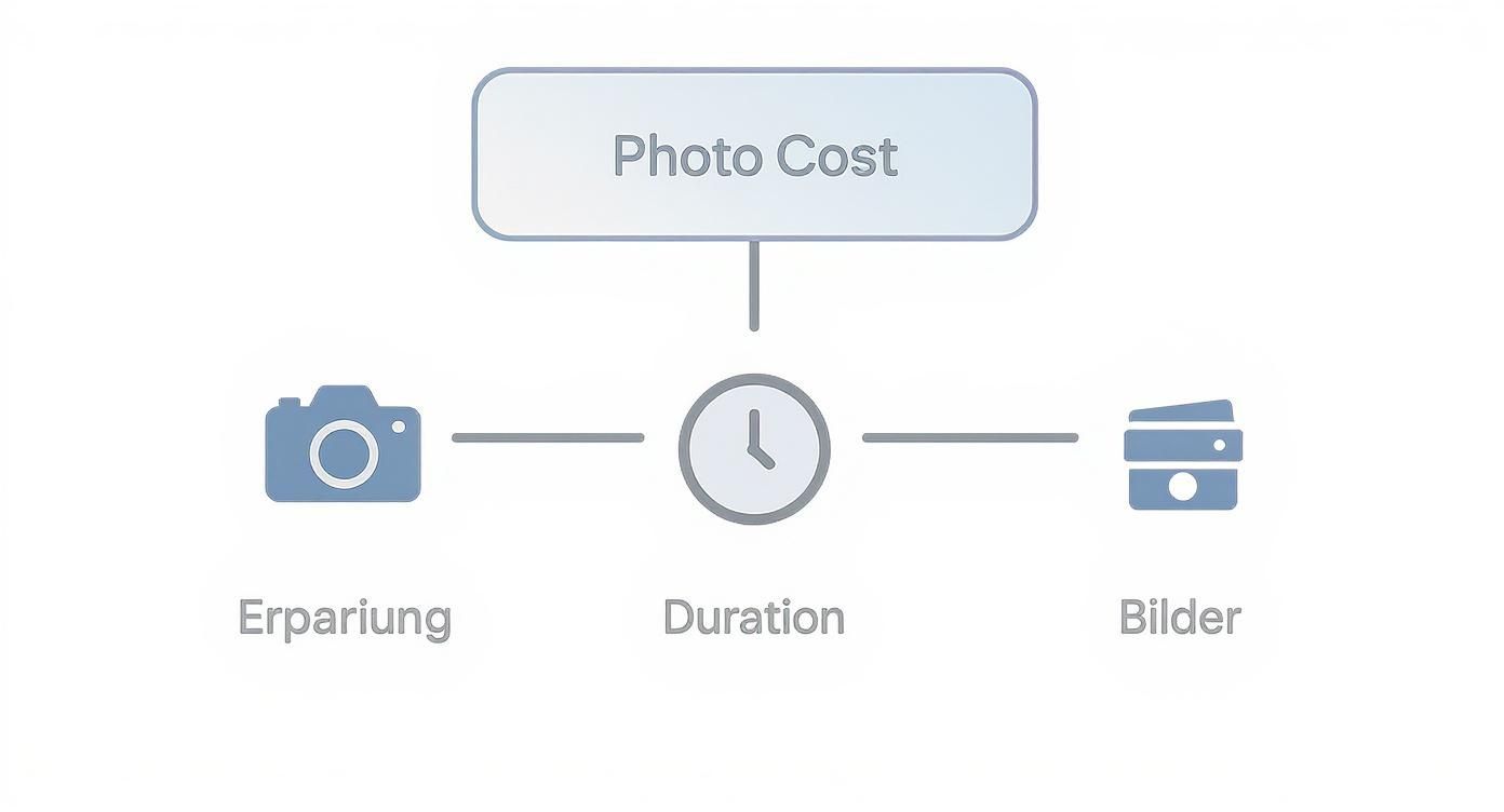 Infografik zeigt Kostenfaktoren für Bewerbungsfotos: Ersparnisse, Dauer der Fotosession und verwendete Bilder
