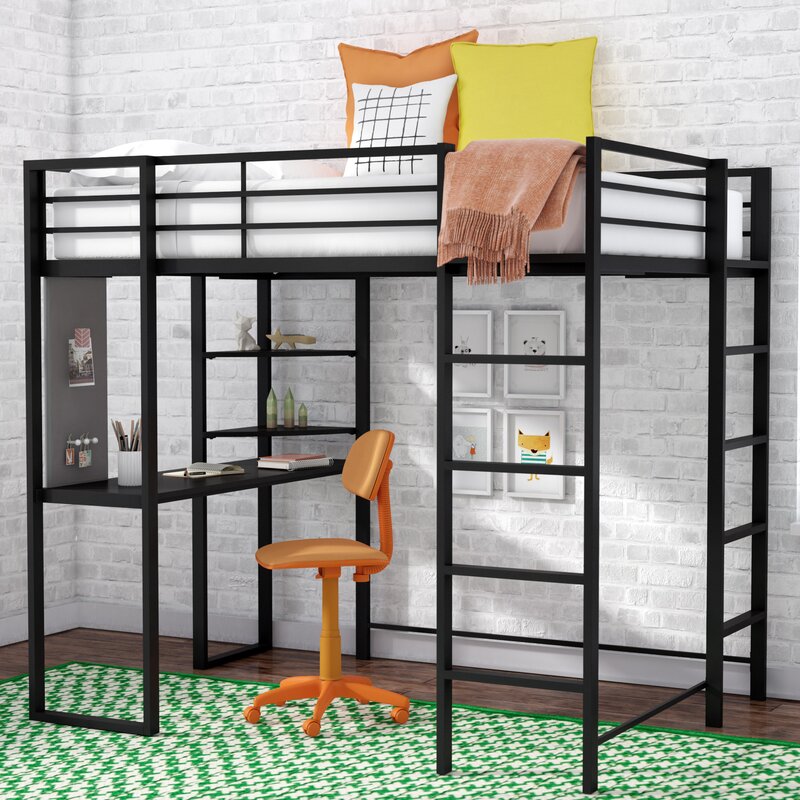 The loft bed with bookcase offers a sleek and contemporary look, ideal for productivity.