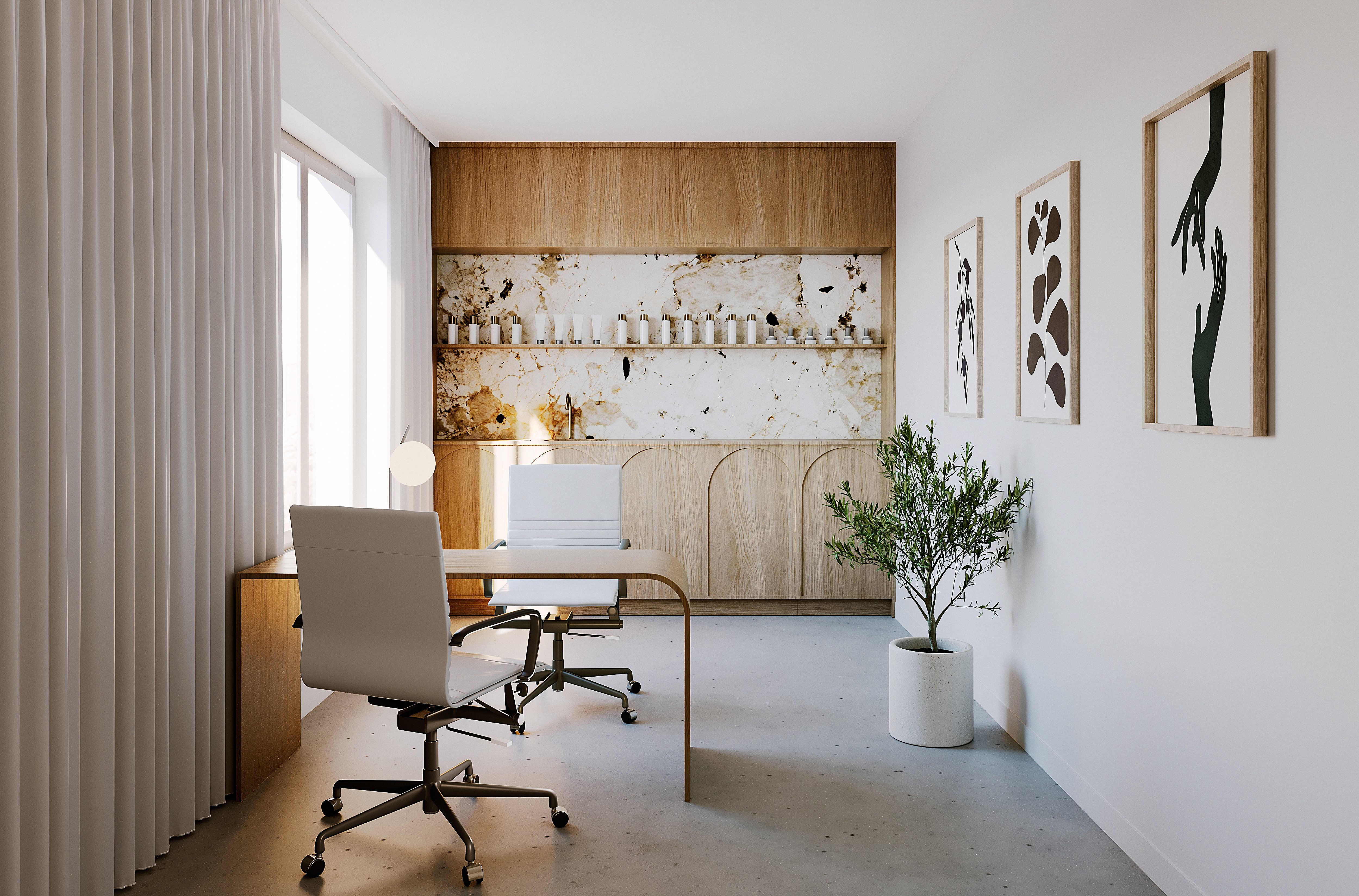 A modern office space featuring a light-colored chair, wooden accents, and wall art, with natural light from a window.