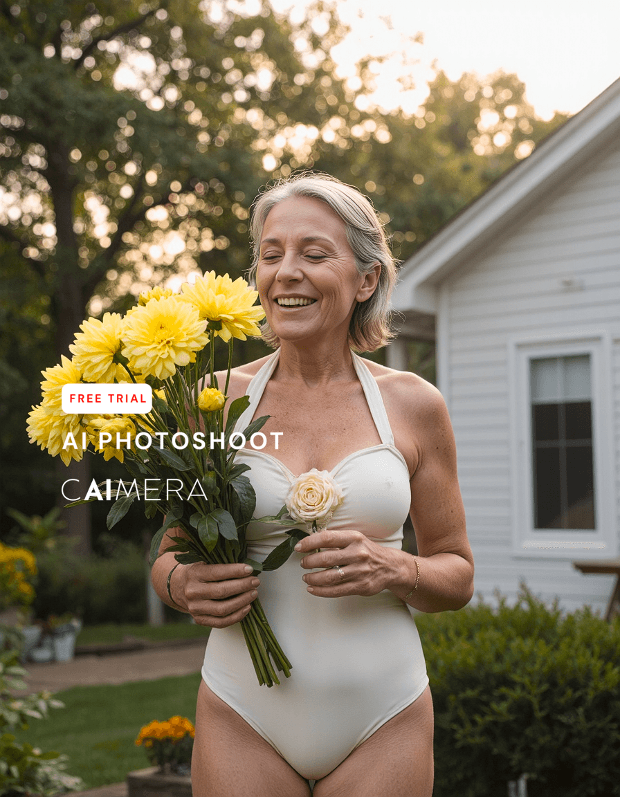 Person in white swimsuit holding bright yellow dahlias in garden setting with golden hour lighting and cottage in background