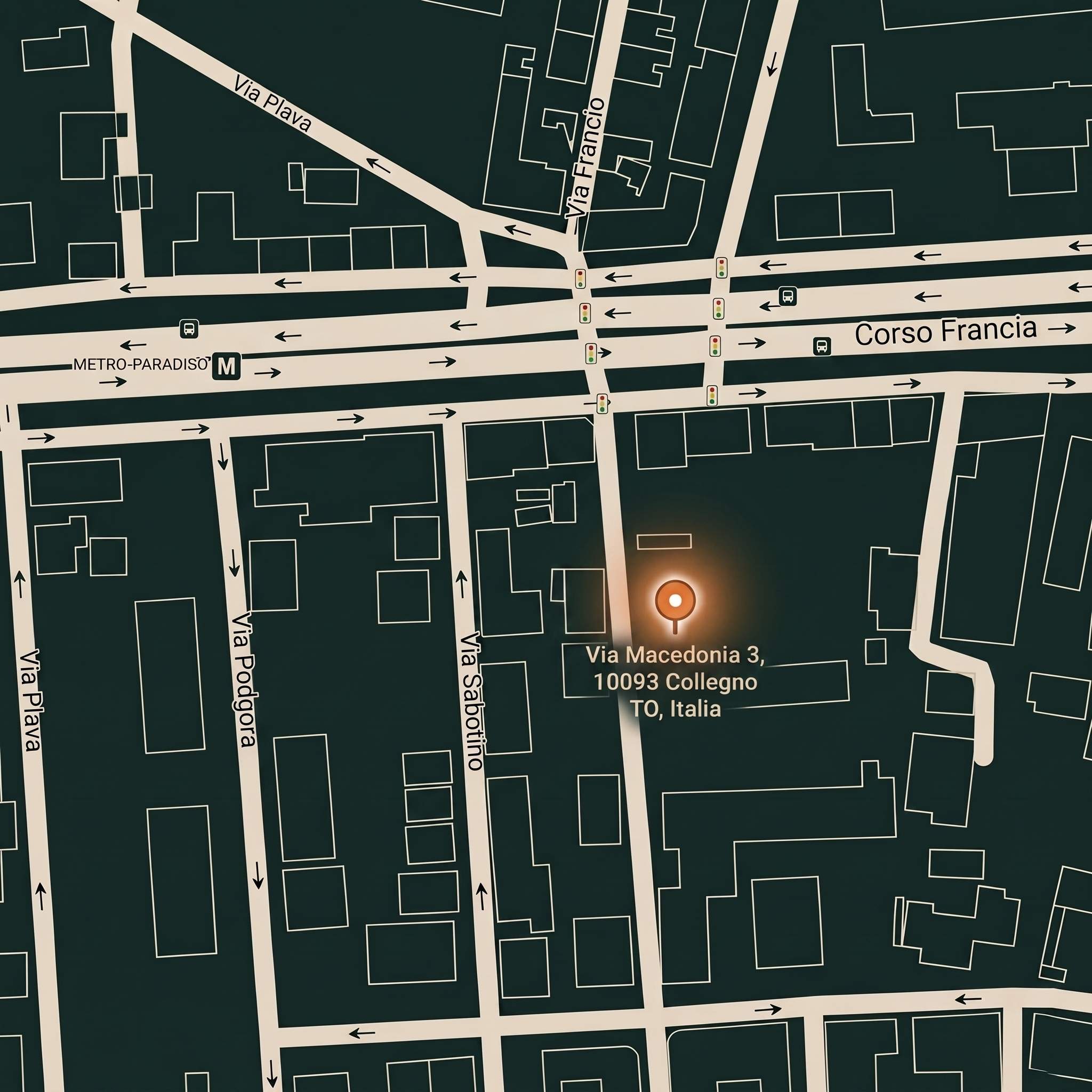 Mappa della posizione del complesso residenziale Kleos in Via Macedonia 3 a Collegno, a pochi passi dalla fermata della metropolitana Paradiso e comodo a Torino centro.