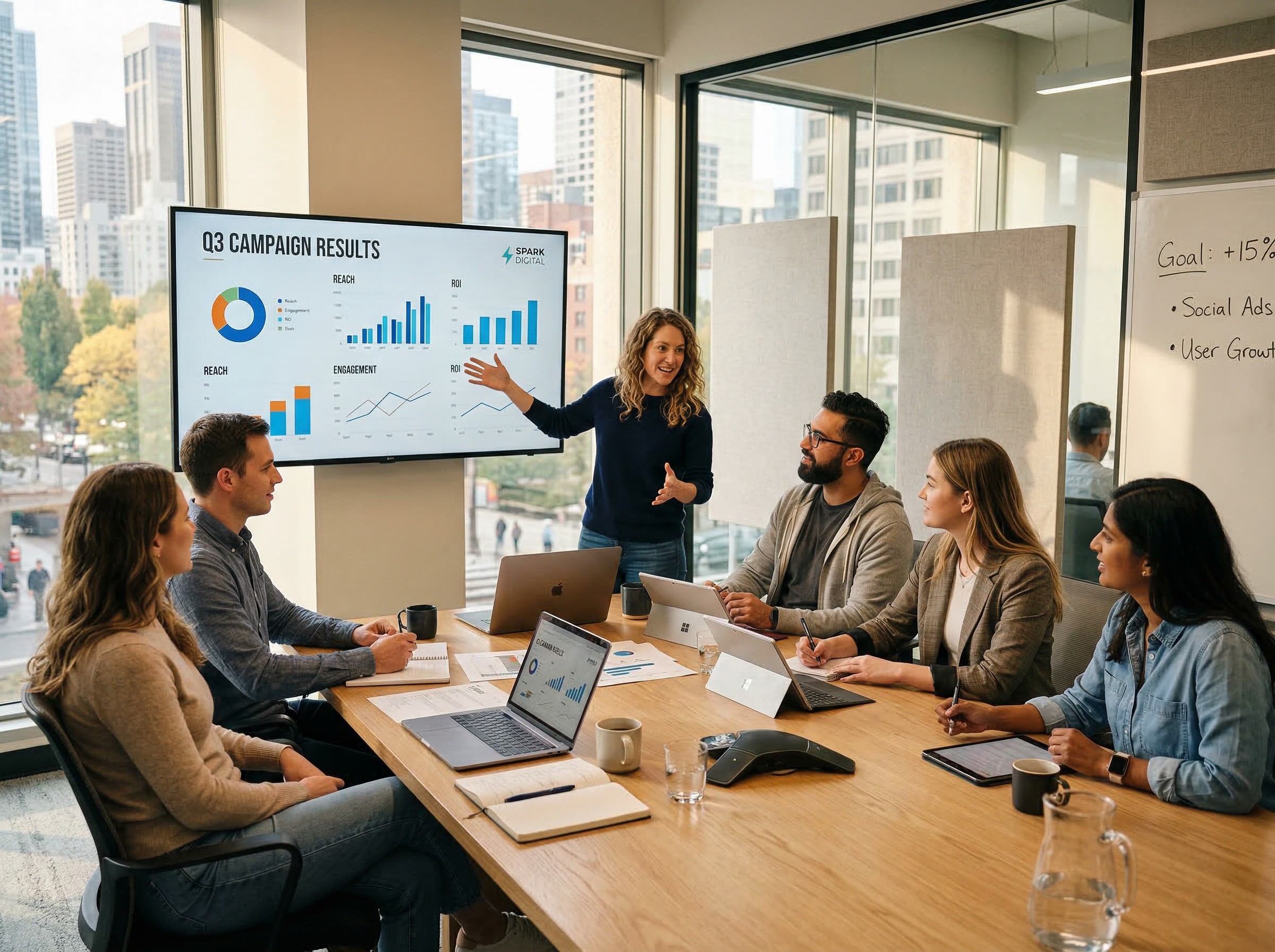 Woman presenting Q3 campaign results on a large screen to five colleagues seated around a conference table.
