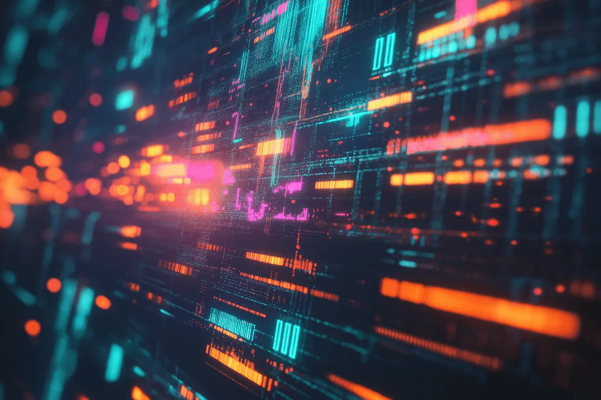 Abstract digital background with glowing lines and vibrant colors, reminiscent of data streams and technology.