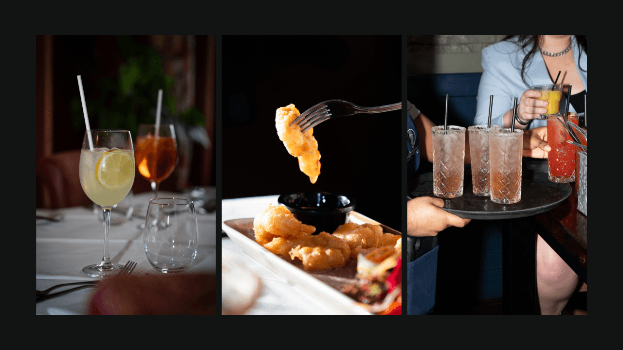 Photography of pretty drinks and food split into 3 sections