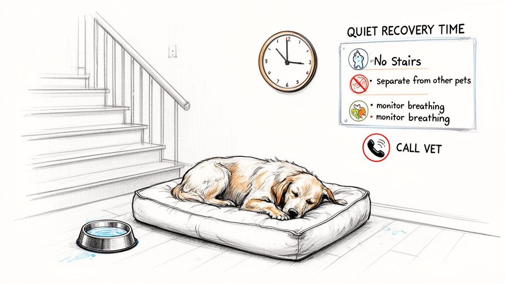 A golden retriever sleeps on a dog bed next to stairs, with pet recovery instructions and a clock.