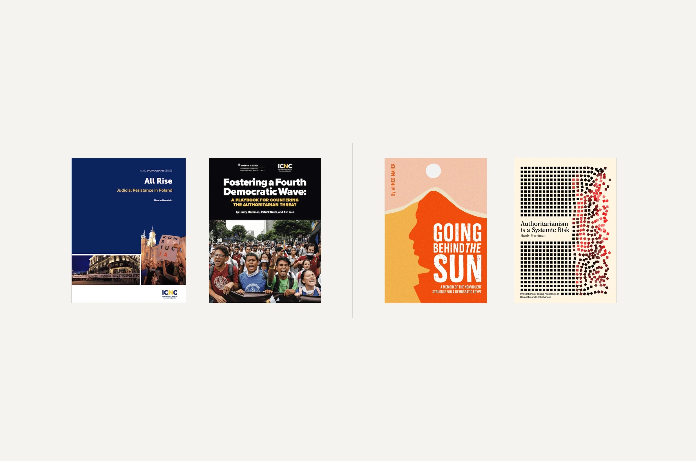 Two navy ICNC Press covers, All Rise and Fostering a Fourth Democratic Wave, beside two new PPP covers.